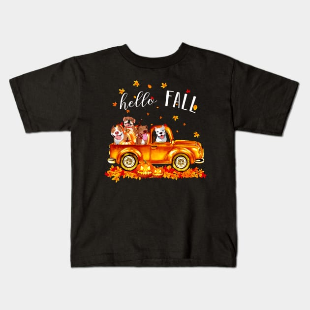 Pitbulls Hello Fall - Pitbulls In Car Pumpkin Halloween T-shirt Pitbulls Autunm Gift Kids T-Shirt by kimmygoderteart